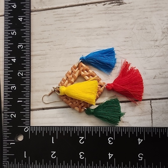 ⚫️RATTAN Disc Cutout Earrings Natural Festival Tassel - Picture 2 of 3